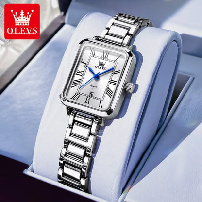 OLEVS hot brand women watch rectangular dial roman scale date female wristwatch silver waterproof classic quartz lady's watches