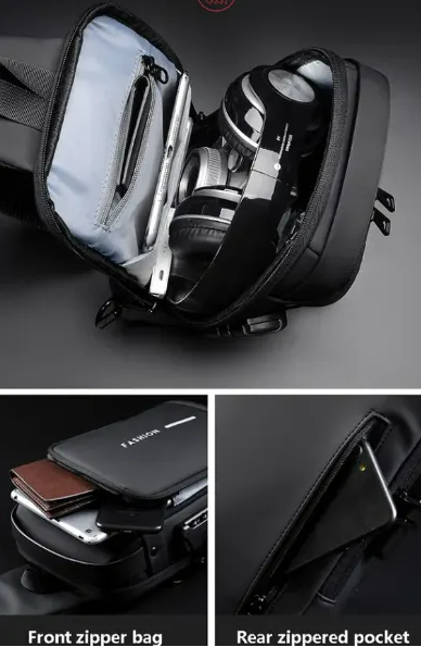 Anti-Theft Lock Sling Chest Bag - Grey/Brown_2