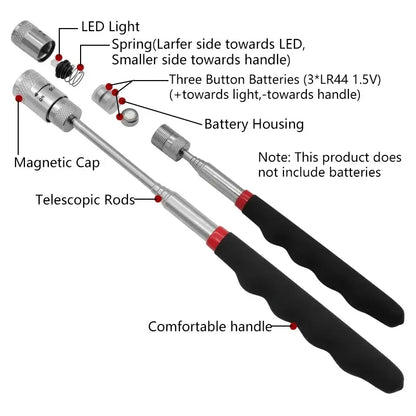 Telescopic Magnetic Pen with LED Light Extendable Pickup Rod Mini Portable Magnet Tool for Screws Nuts Bolts Metal Parts