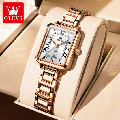 OLEVS hot brand women watch rectangular dial roman scale date female wristwatch silver waterproof classic quartz lady's watches