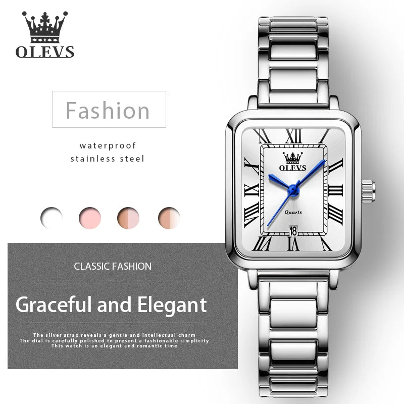 OLEVS hot brand women watch rectangular dial roman scale date female wristwatch silver waterproof classic quartz lady's watches