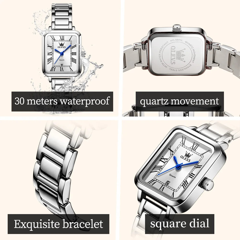 OLEVS hot brand women watch rectangular dial roman scale date female wristwatch silver waterproof classic quartz lady's watches