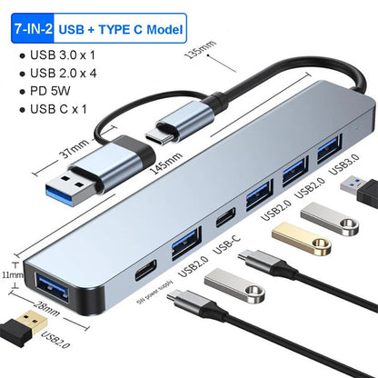 USB-C Hub USB 3.0 HUB C Ports to 7 Ports USB HUB USB Splitter with USB 3.0 4 USB 2.0 and 2 USB C Ports USB Distributor