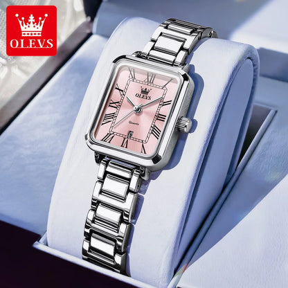 OLEVS hot brand women watch rectangular dial roman scale date female wristwatch silver waterproof classic quartz lady's watches